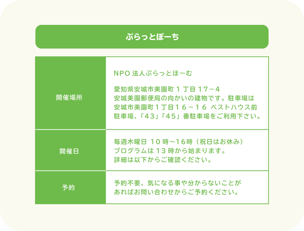 ぷらこもりカフェ　開催場所　NPO法人ぷらっとほーむ　愛知県安城市美園町1丁目17−4 安城美園郵便局の向かいの建物です。駐車場は 安城市美園町１丁目１６−１６ ベストハウス前 駐車場、「43」「45」番駐車場をご利用下さい。開催日　毎月第2・第4土曜日14時～16時 イベントによっては時間変更があります。直近の イベントは下の詳細ページからご確認下さい。参加料金・予約　当日200円をスタッフへお渡しください。 お問い合わせからご予約ください。