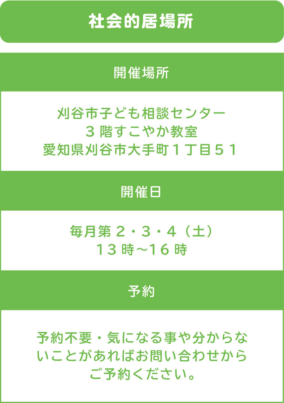 社会的居場所　開催場所　刈谷市城町図書館 愛知県刈谷市城町１丁目２４　開催日　毎月　第2・3・4（土）13時～16時  　予約　予約不要、気になる事や分からないことが あればお問い合わせからご予約ください。