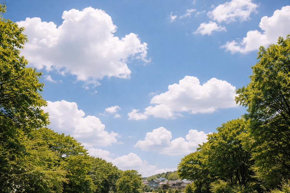 青空に白い雲が広がり、緑の木々に囲まれた明るく穏やかな風景。婚活写真が苦手な方でも、無理に盛るのではなく安心感や清潔感を大切にして、自分らしいプロフィール写真を考えるイメージ