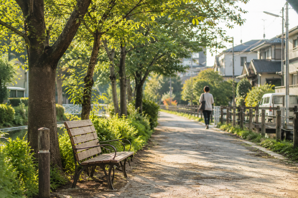 木漏れ日の差す並木道にベンチが置かれ、遠くに人が歩く穏やかな風景。結婚相談所の料金が高いと感じる方が、安さだけで選ぶのではなく、安心して婚活を進められるサポートや相談の価値を考えるイメージ