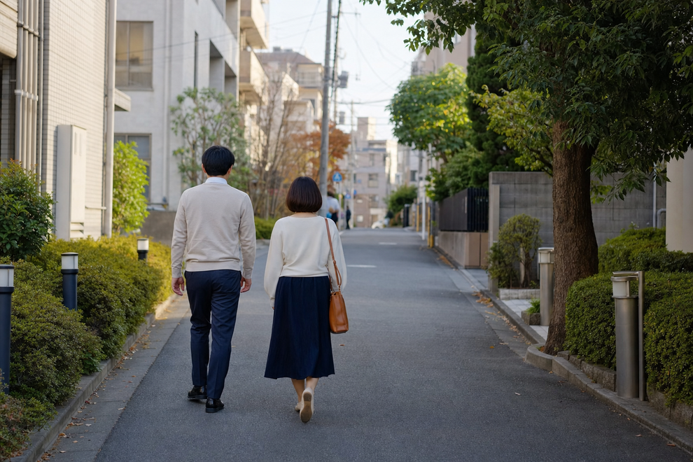 成婚という節目を迎えて住宅街を一緒に歩く二人の後ろ姿