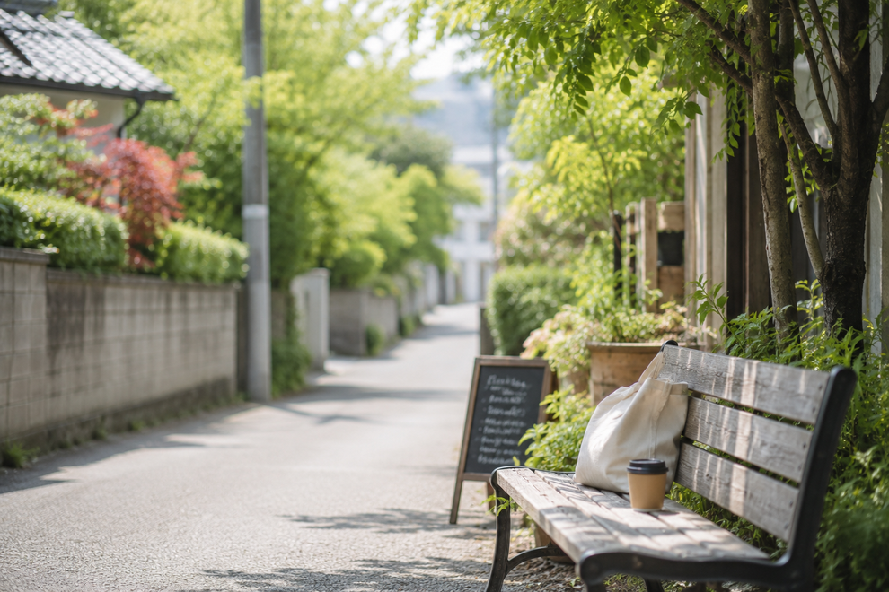 緑の木々に囲まれた静かな住宅街の道沿いに、ベンチとコーヒーカップが置かれた穏やかな風景。立川で婚活を始めたい方が、地元で落ち着いて相談できる安心感や、生活圏に近い結婚相談所で婚活を考えるイメージ