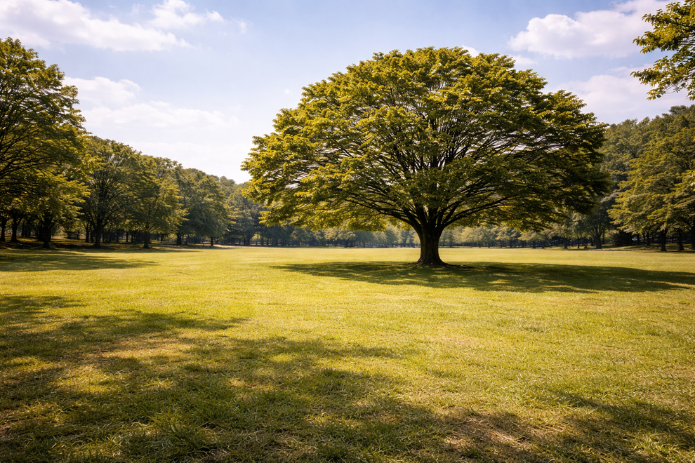青空の下に広がる芝生の公園で、大きな木が穏やかに立つ明るい風景。結婚相談所でいう成婚や成婚退会の意味を知り、婚活の一区切りとその先の結婚に向けた流れを落ち着いて考えるイメージ