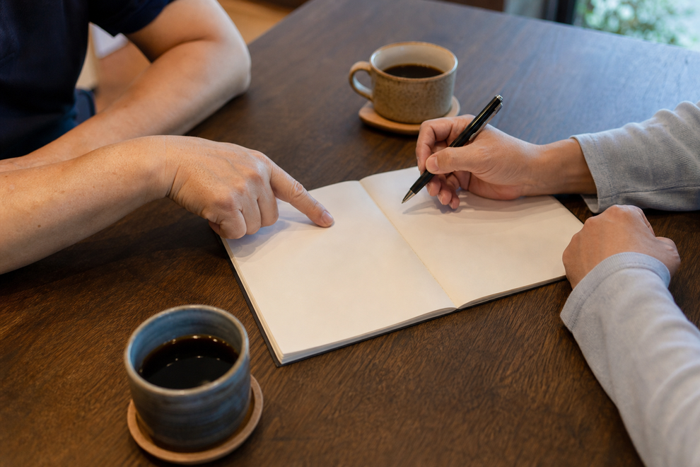 カフェで仲人と一緒に自己PRの言葉を整理する男性の手元