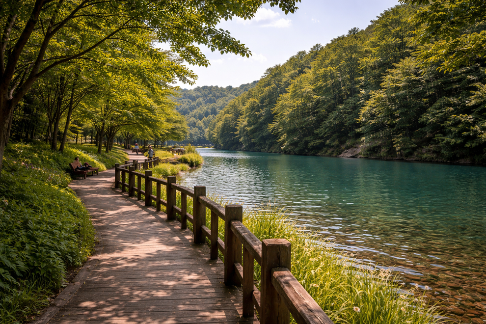 緑に囲まれた湖沿いの遊歩道とベンチが見える穏やかな風景。お見合いで沈黙が怖い方でも、無理に会話を盛り上げようとせず、落ち着いて相手と向き合う婚活のイメージ