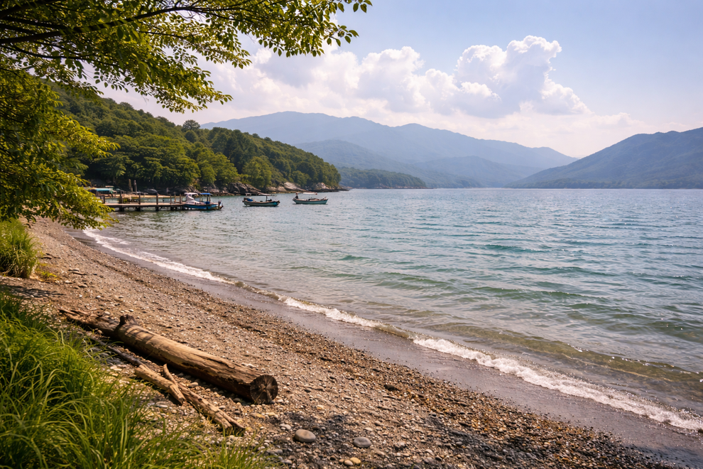 穏やかな湖畔に山並みと小舟が見える落ち着いた風景。40代男性の婚活で若さだけを追いかけるのではなく、安心感や誠実さ、穏やかな人柄を大切にして結婚相手との関係を築くイメージ