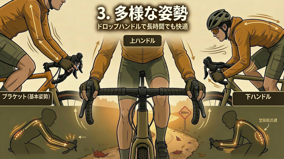 グラベルバイクのメリット3.多様な姿勢 ― ドロップハンドルで長時間でも快適に