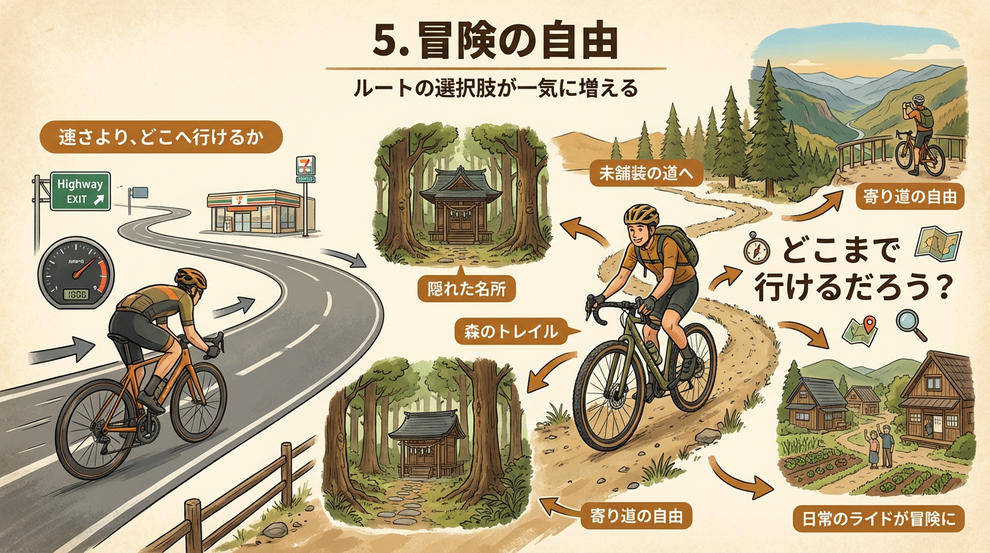 グラベルバイクのメリット5.冒険の自由 ― ルートの選択肢が一気に増える