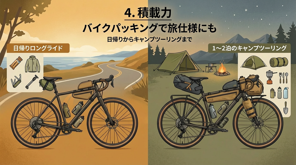 グラベルバイクのメリット4.積載力 ― バイクパッキングで旅仕様にも