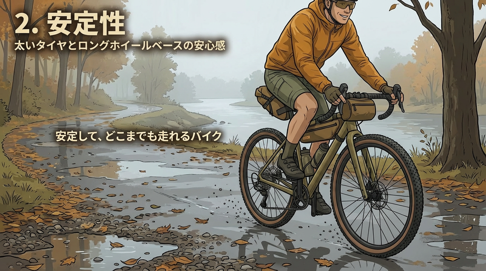 グラベルバイクのメリット2：安定性 ― 太いタイヤとロングホイールベースの安心感