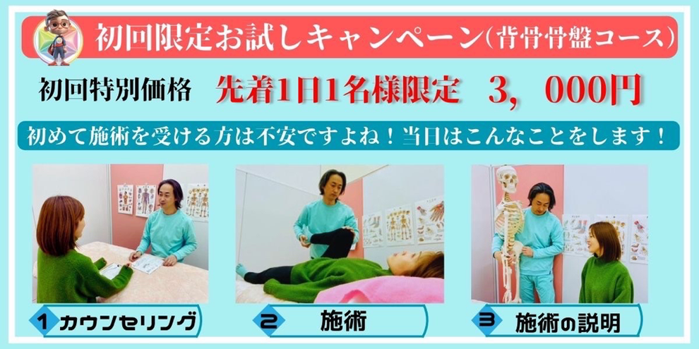 ①基本コース（背骨・骨盤・自律神経の調整）が、¥3,000税込・北九州市若松区・八幡西区の整体・肩こり・腰痛なら、ウェルネステラスひびきの