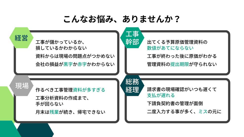 経営者・工事幹部・現場代理人・総務経理の方で、現場管理のお悩みはございませんか。