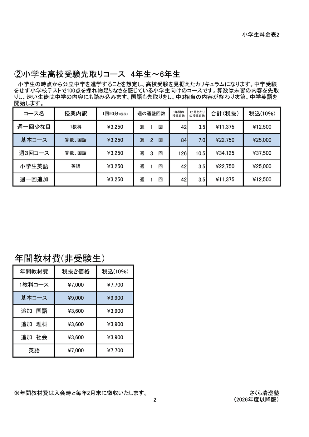 さくら清澄白河塾　小学生料金表　