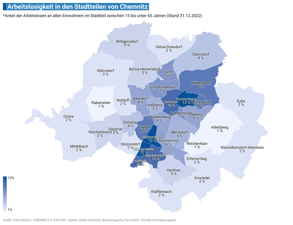 Arbeitslosigkeit / Arbeitslosenquote in den 39 Stadtteilen von Chemnitz