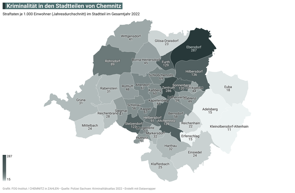 Kriminalität (Straftaten je 1000 Einwohner) in den 39 Stadtteilen von Chemnitz im Jahr 2022