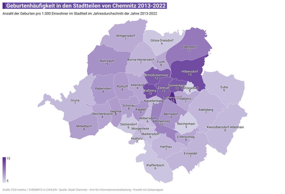 Geburtenhäufigkeit in den 39 Stadtteilen von Chemnitz (Geburten pro 1.000 Einwohner)