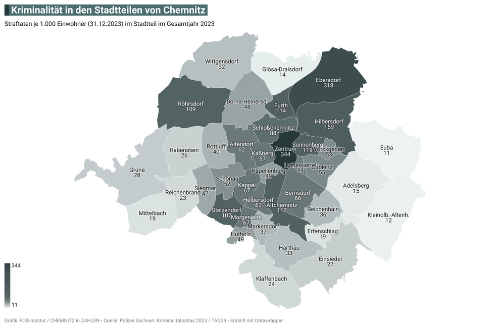 Kriminalität (Straftaten je 1000 Einwohner) in den 39 Stadtteilen von Chemnitz im Jahr 2023