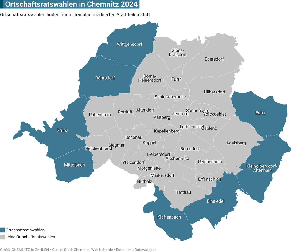 Ortschaftsratswahlen in Chemnitz 2024 - Karte der Stadtteile / Ortsteile