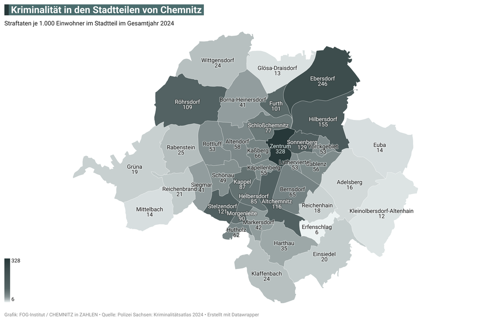 Kriminalität (Straftaten je 1000 Einwohner) in den 39 Stadtteilen von Chemnitz im Jahr 2024