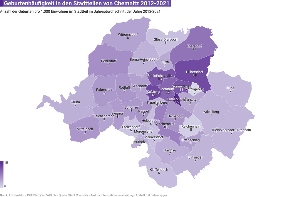 Zahl der Geburten in den Stadtteilen von Chemnitz pro 1.000 Einwohner