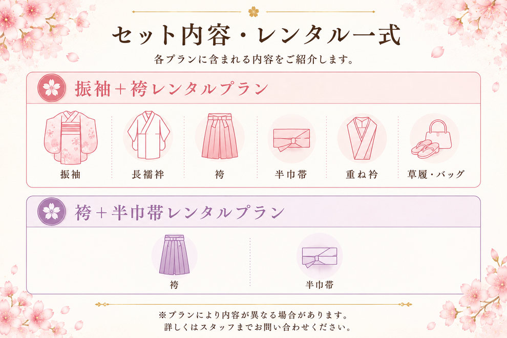 卒業式袴のセット内容・レンタル一式のご案内。振袖＋袴レンタルプラン：振袖、長襦袢、袴、半巾帯、重ね衿、草履・バッグ。袴＋半巾帯レンタルプラン：袴、半巾帯。