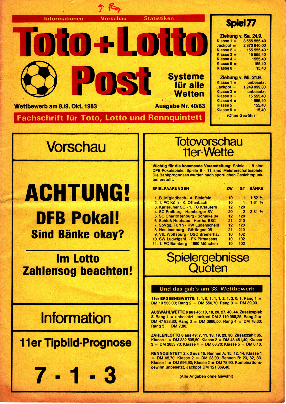 Toto-Lotto Post von 1983 - Titelseite