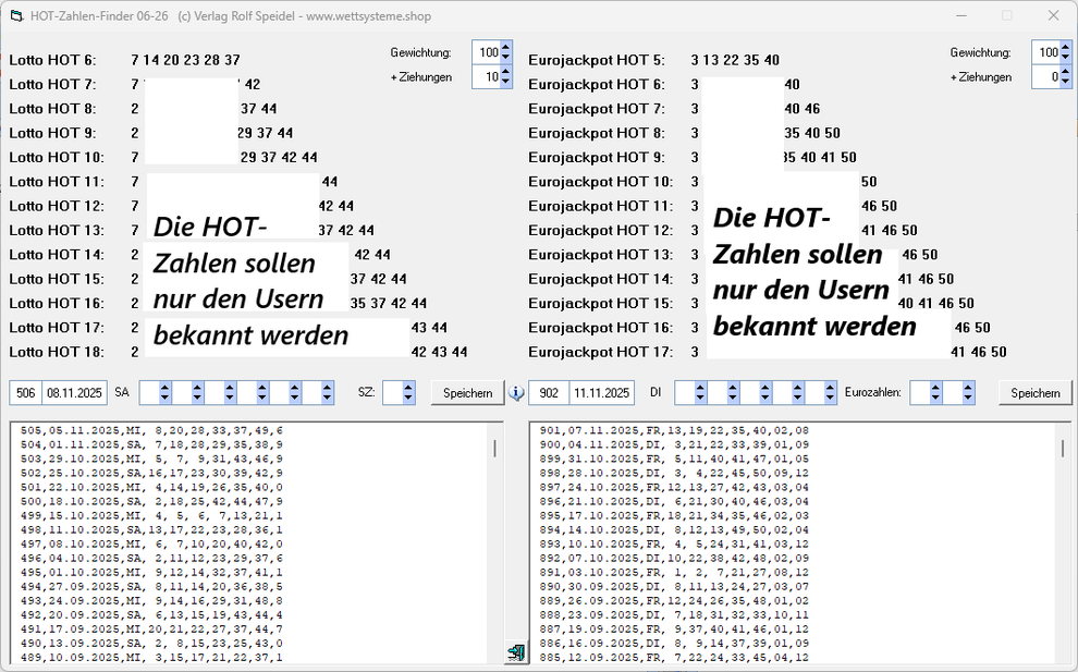 Hotzahlenfinder mit dem linken Teil für die Lottozahlen und rechts für die Eurojackpotzahlen