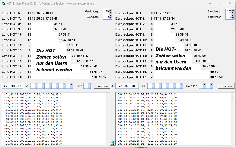 Hotzahlenfinder mit dem linken Teil für die Lottozahlen und rechts für die Eurojackpotzahlen