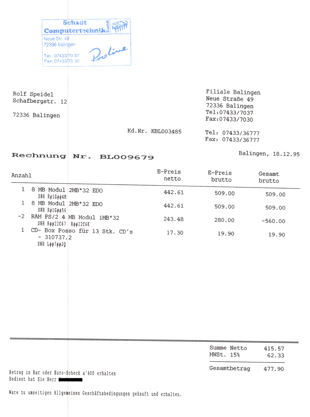 Rechnung über Computerkauf