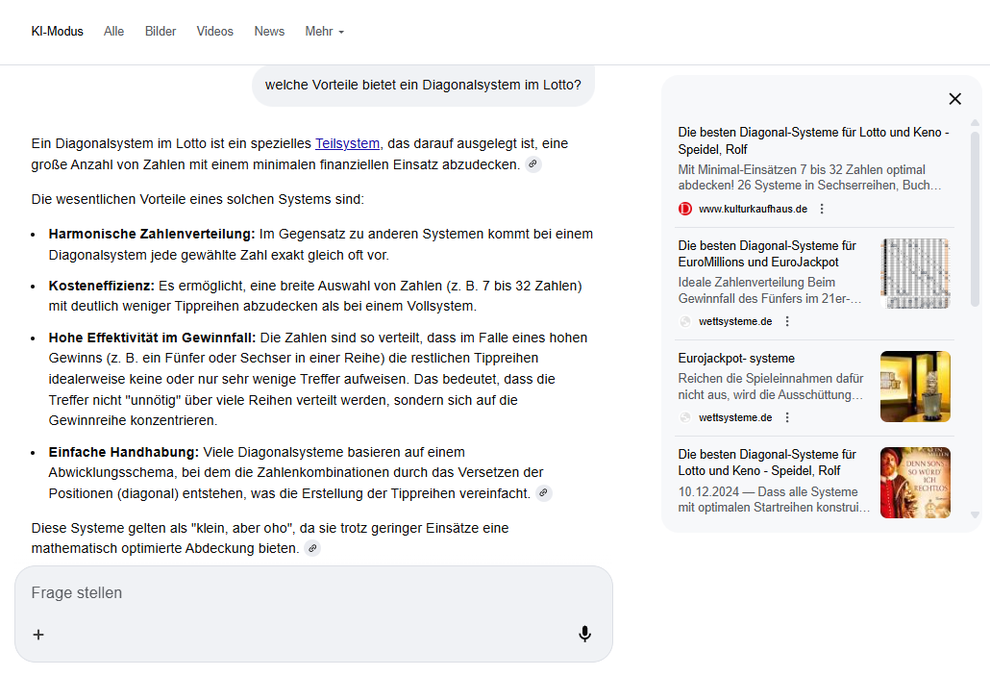 Googles KI-Agent gemini 3 antwortet auf die Frage nach den Vorteilen von Diagonalsystemen mit Beschreibungen vom Verlag Rolf Speidel