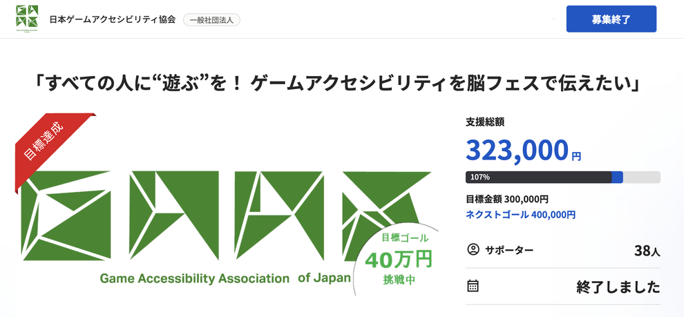 目標達成したクラウドファンディングページのスクショ