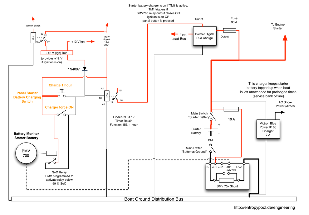 Detail schematics of starter battery charging and monitoring