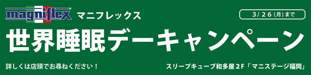 マニフレックス　世界睡眠デーキャンペーン！　シングル・セミダブル・ダブル・クイーンサイズもお買い得です！　/　マニステージ福岡