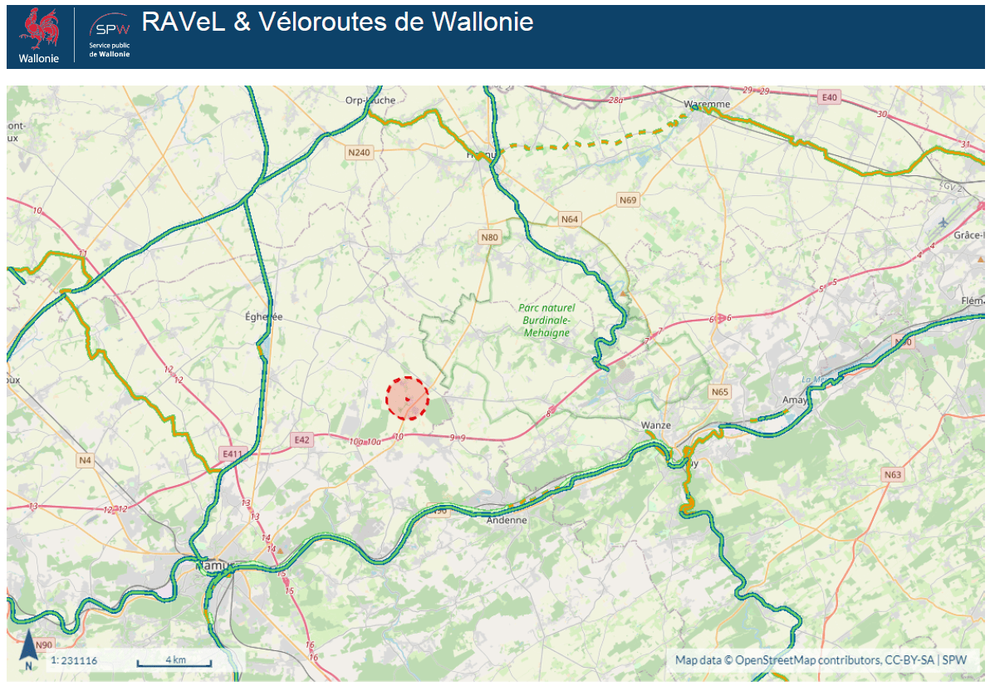 Le gîte de la Buissière,  entre le Province de Namur et la Province de Liège, vous avez accès, au départ du gîte au réseau cycliste des deux Provinces ! 