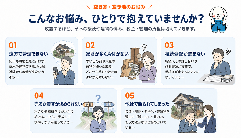 こんなお悩み、ひとりで抱えていませんか？　遠方で管理できない　家財が多く片付かない　相続登記が進まない　売るか貸すか決められない　他社で断られてしまった