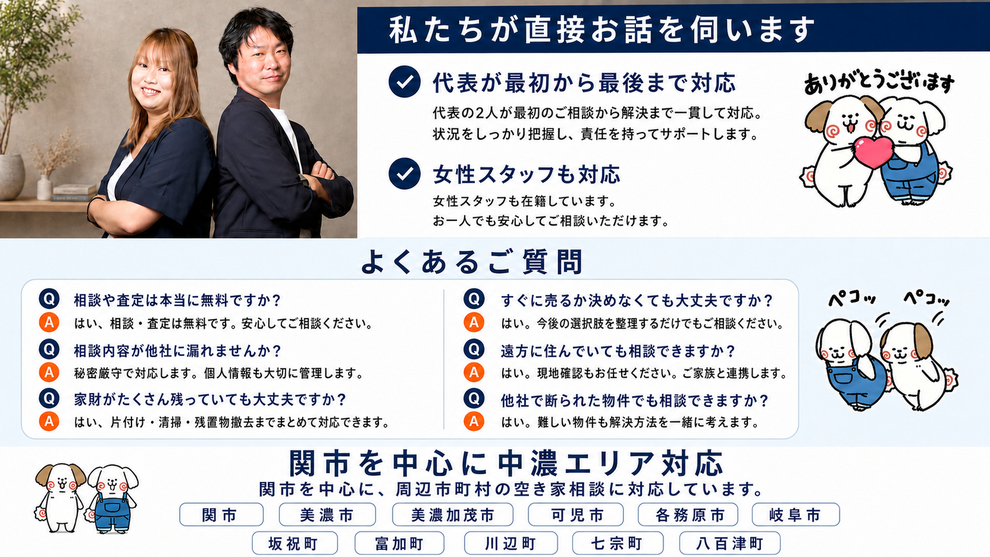 私たちが直接お話を伺います　代表が最初から最後まで対応　女性スタッフも対応　よくある質問　関市を中心に中濃エリア対応　関市　美濃市　美濃加茂市　可児市　各務原市　岐阜市　坂祝町　富加町　川辺町　七宗町　八百津町