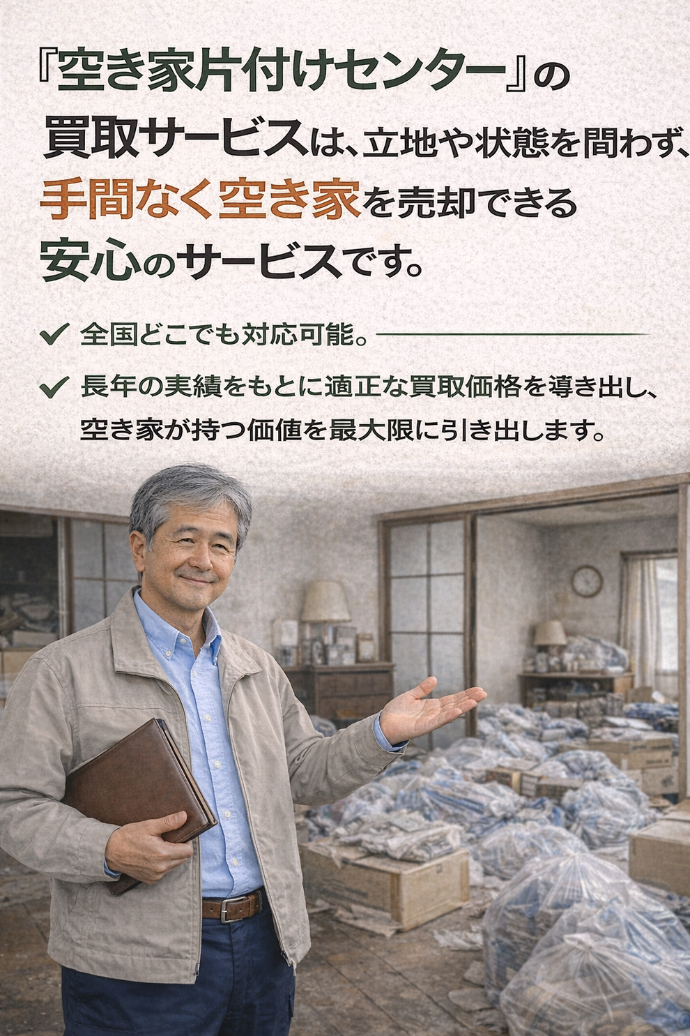 「空き家片付けセンター」の買取サービスは、立地や状態を問わず、手間なく空き家を売却できる安心のサービスです。 全国どこでも対応可能。長年の実績をもとに適正な買取価格を導き出し、空き家が持つ価値を最大限に引き出します。
