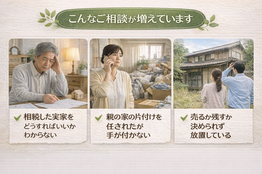相続した実家の片付け、 何から手をつけていいか分からない。 遠方に住んでいて立ち会えない。 売却も考えているが、その前に片付けが必要…。  そんな空き家のお悩みを、 空き家片付けセンターがワンストップで解決します。