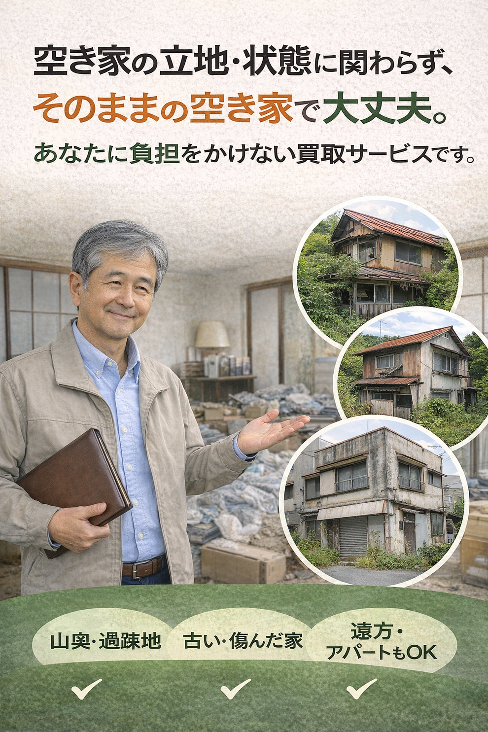 空き家の立地・状態に関わらず、そのままの空き家で大丈夫。あなたに負担をかけない空き家の買取サービスです。