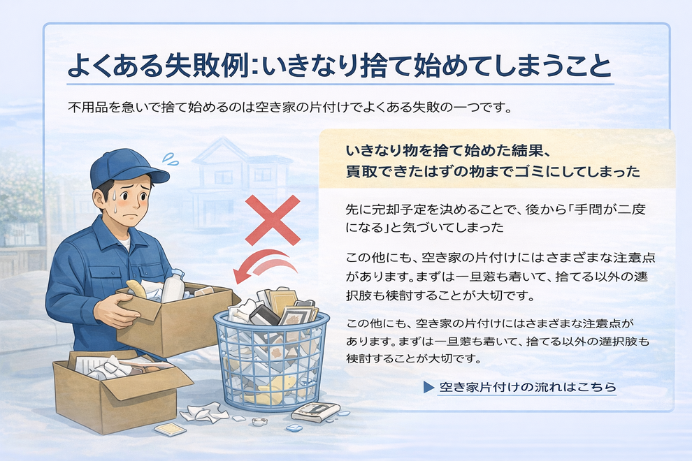 空き家の片付け、家財整理でよくある失敗例は、いきなり捨て始めてしまうことです。