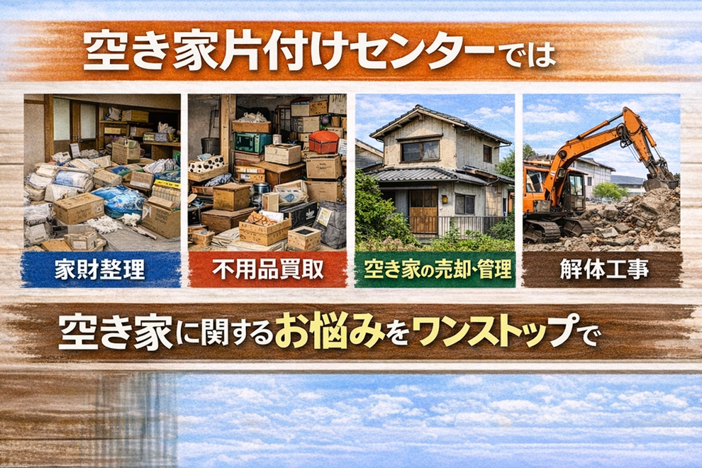 空き家片付けセンターでは、 家財整理・不用品買取・空き家の売却や管理・解体まで、空き家に関するお悩みをワンストップでサポート。