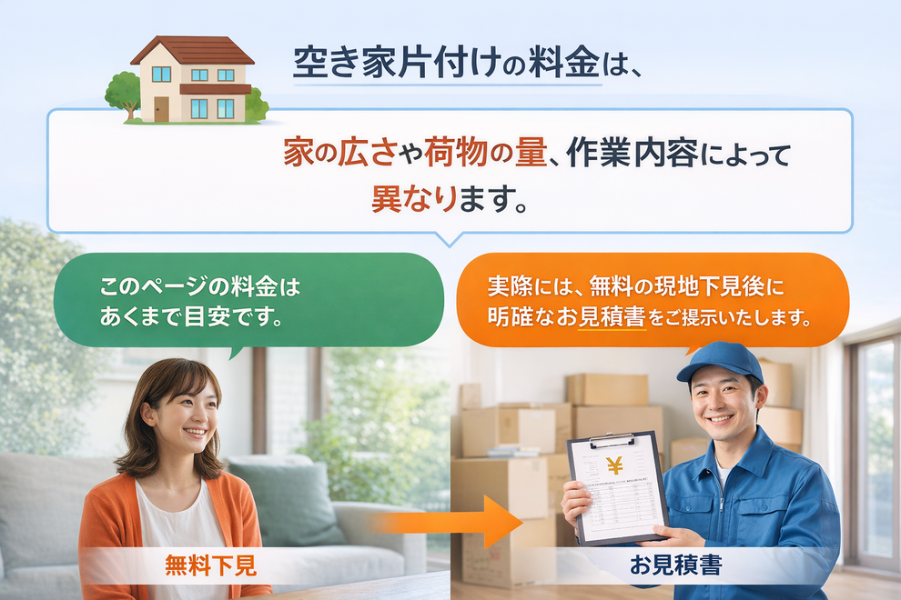 空き家片付けの料金は、 家の広さや荷物の量、作業内容によって異なります。  このページの料金は、あくまで目安となる参考価格です。 実際には、無料の現地下見後に 明確なお見積書をご提示いたします。
