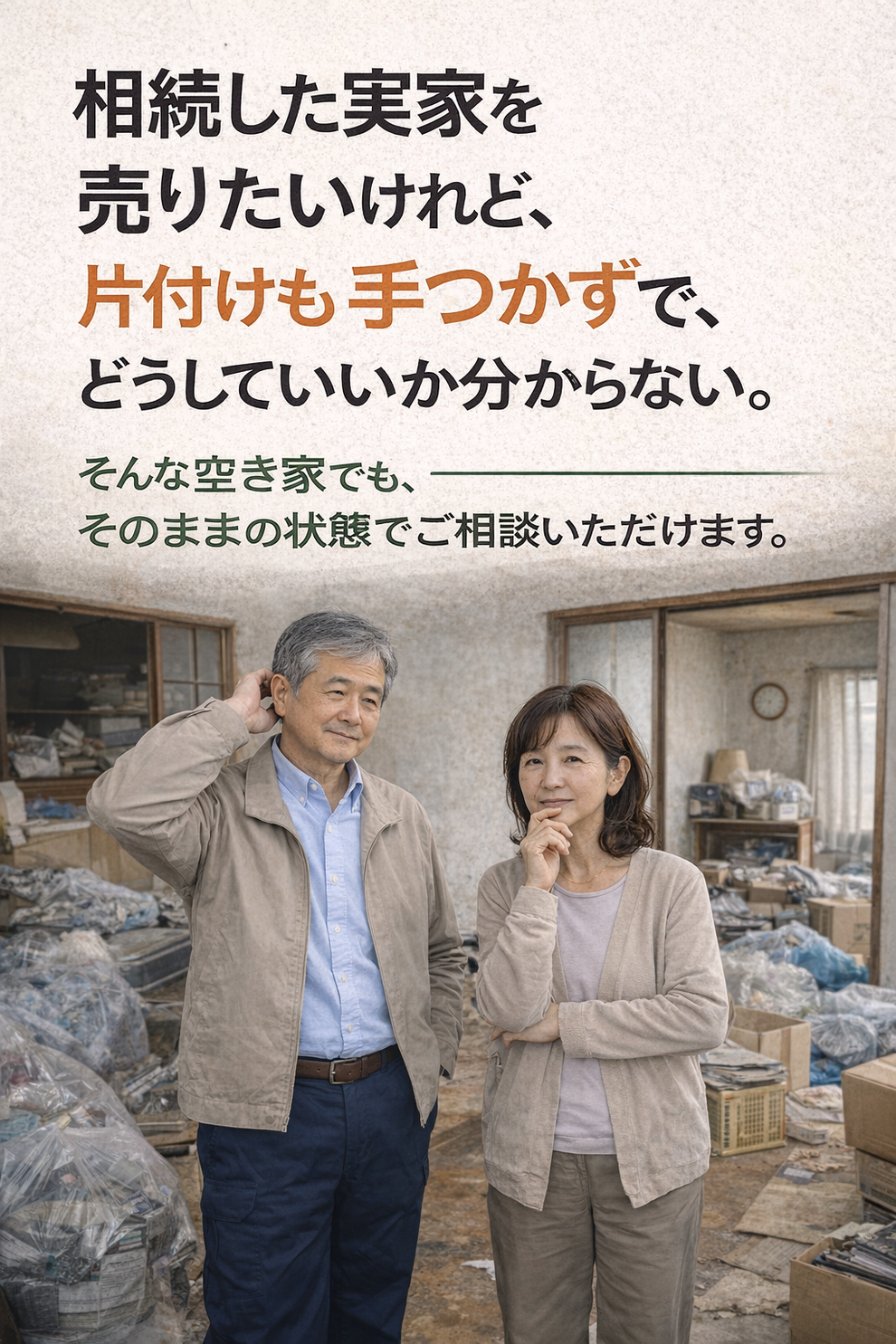 相続した実家を売りたいけれど、 片付けも手つかずで、 どうしていいか分からない。  そんな空き家でも、 そのままの状態でご相談いただけます。