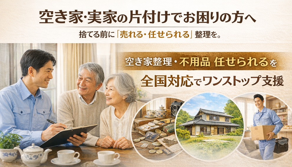 空き家・実家の片付けでお困りの方へ   捨てる前に「売れる・任せられる」整理を。  空き家整理・不用品買取・家じまいを 全国対応でワンストップ支援。