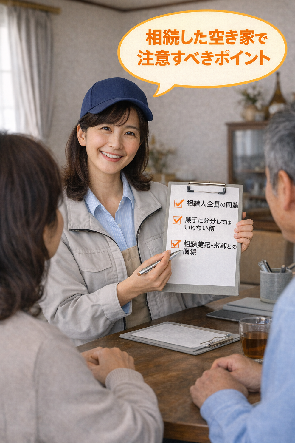相続した空き家の場合に注意すべきポイント。  ・相続人全員の同意 ・勝手に処分してはいけない物 ・相続登記・売却との関係  女性スタッフが教えている画像