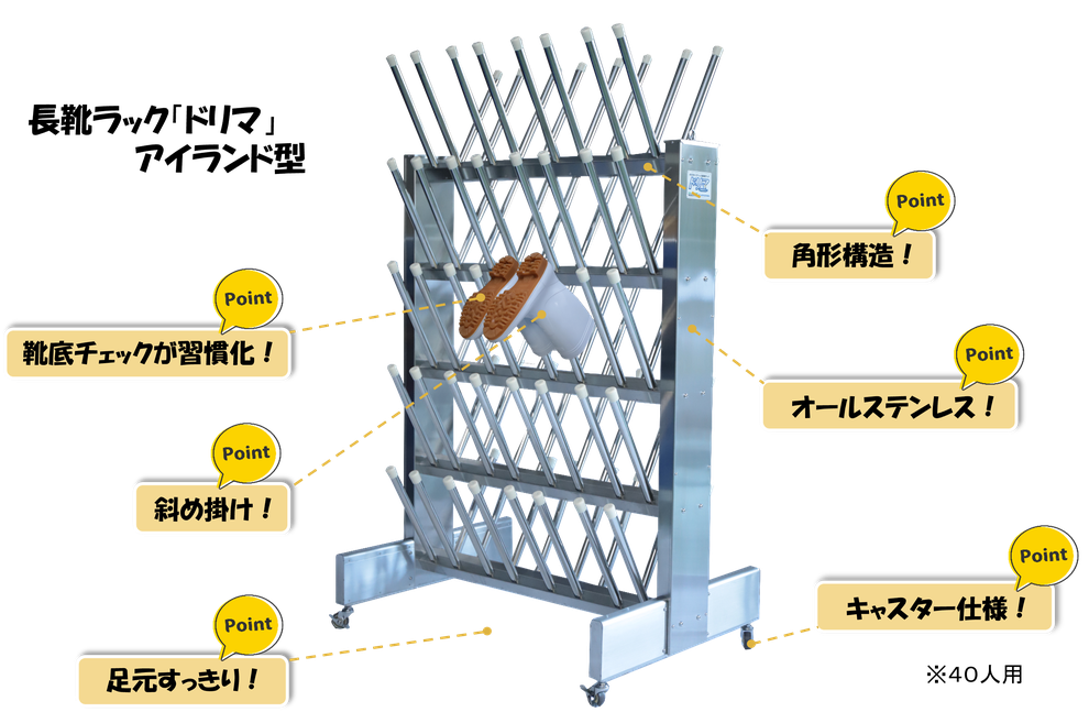 業務用ステンレス長靴ラック「ドリマ」HACCP認定の食品工場におすすめ。靴底が見える収納で５S推進にも役立ちます。　両面型キャスター仕様のアイランド型。