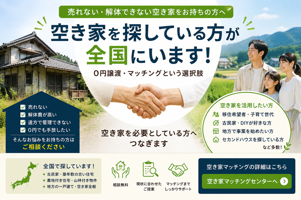 売れない・解体できない空き家をお持ち方へ。空き家を探している方が全国にいます。