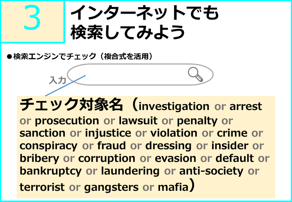 海外反社チェック（グーグル、google）海外コンプライアンススクリーン（KYC、KYCC、Know your customer）でもネット検索、WEBチェック、海外企業風評チェック、海外反社調査