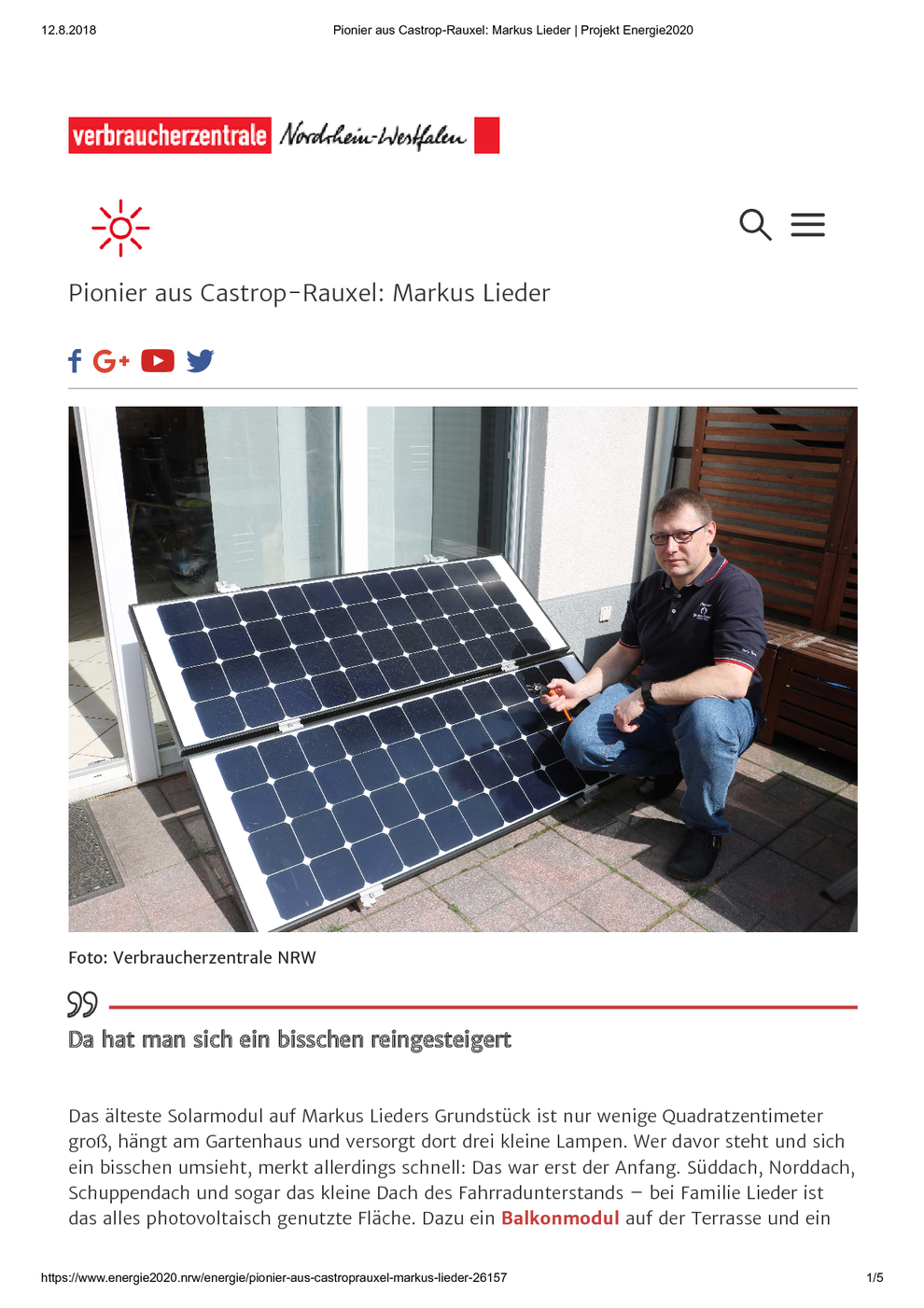 Verbraucherzentrale Nordrhein-Westfalen am 12.08.2018 Pionier aus Castrop-Rauxel: Markus Lieder / Projekt Energie2020, Seite 1/5