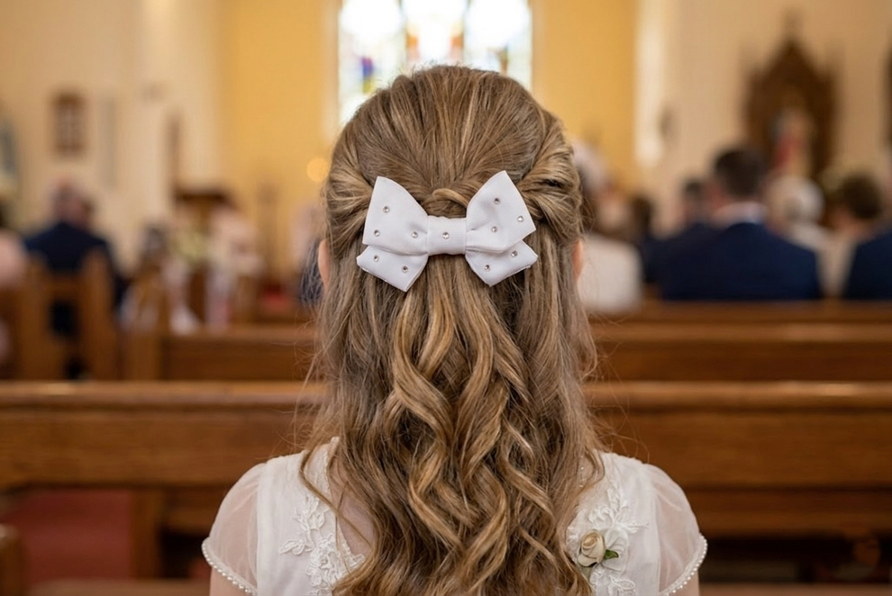 barrette communion noeud satin blanc avec strass fait-main à Toulouse